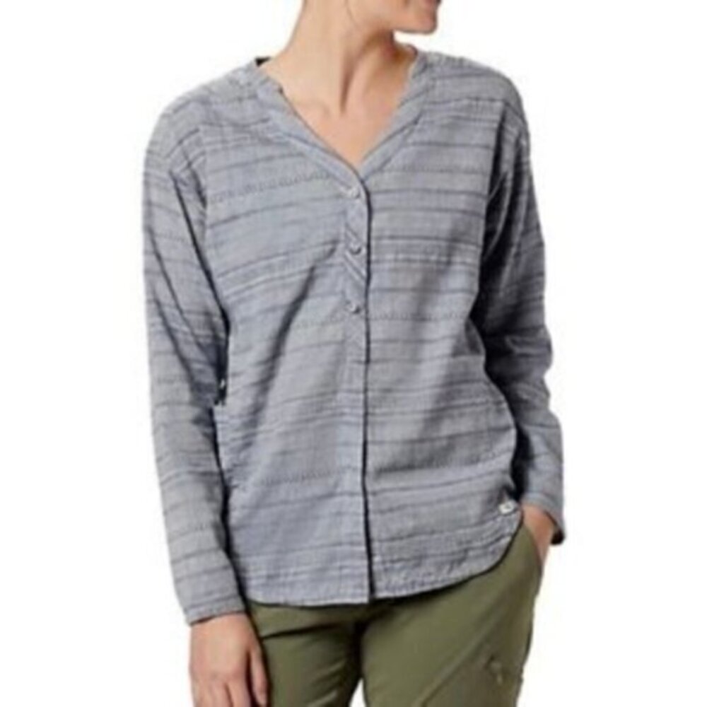 Mountain Hardwear Shirt Women's XS Button Down V-Neck Long Sleeve Gray Striped